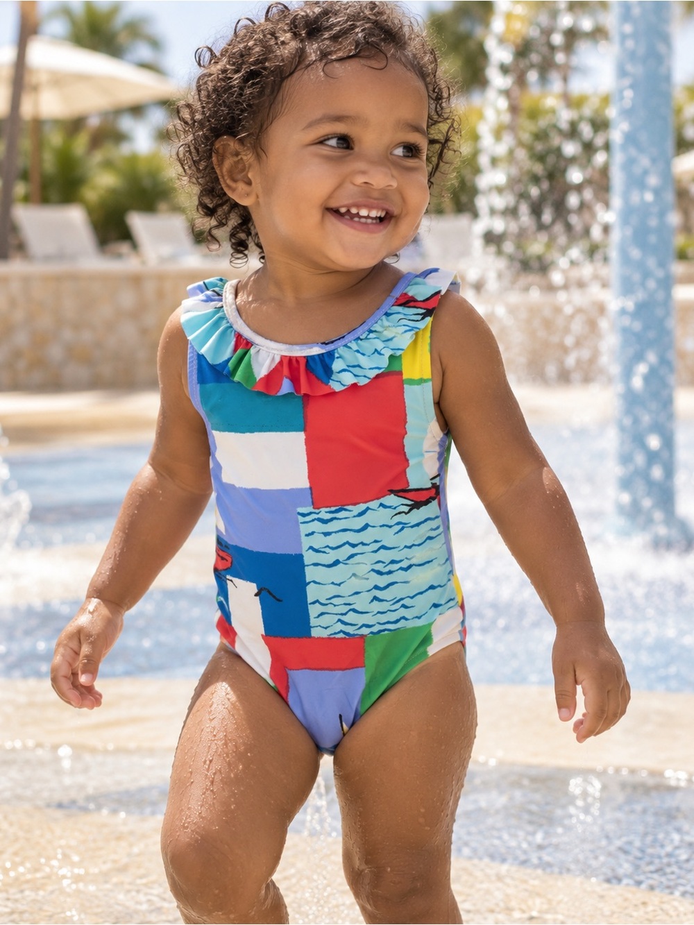Ralph Lauren Baby Girl 24M Ruffle  Nautical Colorblock One Piece Swimsuit